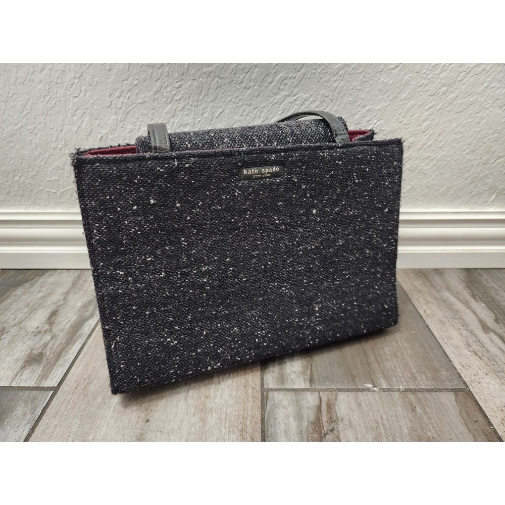 Vintage Kate Spade tweed shoulder bag in charcoal featuring leather straps wool